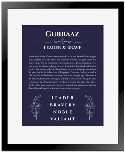 Gurbaaz name meaning wall art by Get Your Story in navy blue with black matte frame