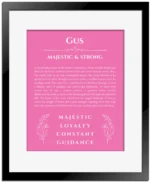 Gus name meaning gift print in pink with black matte frame