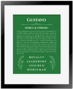 Gustavo custom name art showing meaning and origin in dark green with black matte frame