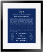 Guy personalized name art with origin story in deep blue with black matte frame