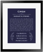 Gwen custom name print for wall display in navy blue with black matte frame