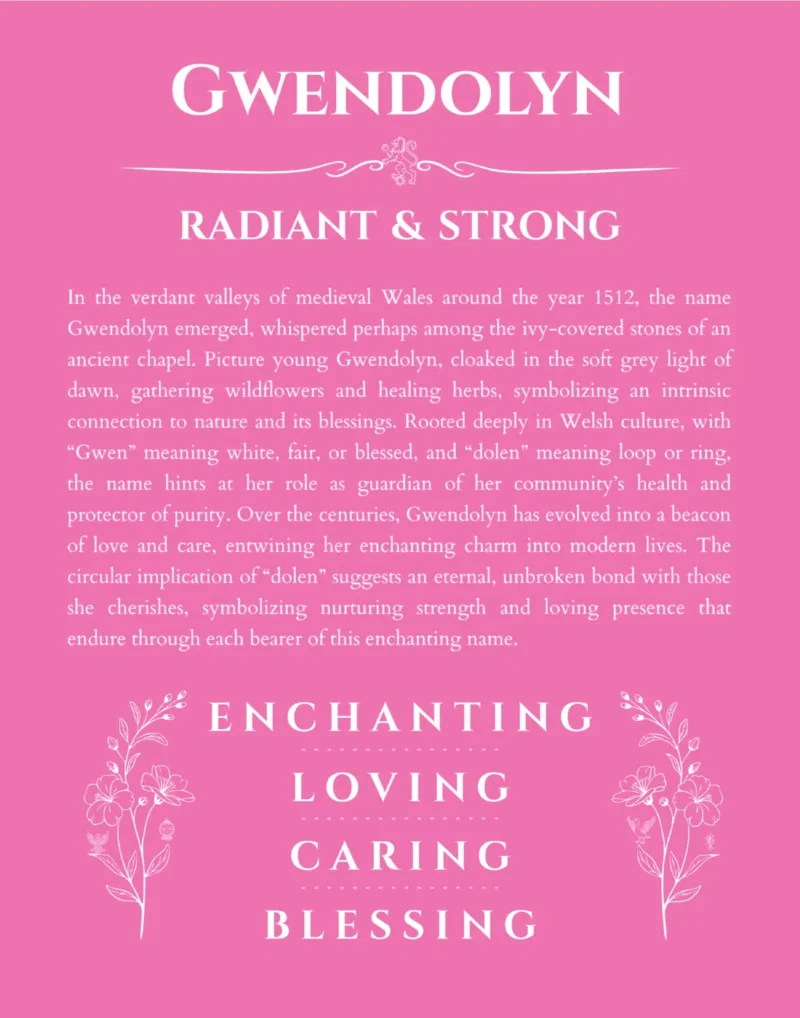 Gwendolyn name origin print with meaning and traits in pink