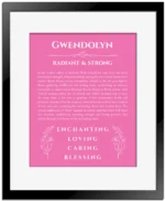 Gwendolyn name origin print with meaning and traits in pink with black matte frame