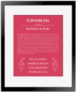 Gwyneth personalized wall art with the story of your name in red with black matte frame