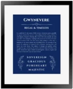 Gwynevere custom name meaning print in deep blue with black matte frame