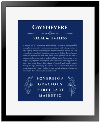Gwynevere custom name meaning print in deep blue with black matte frame