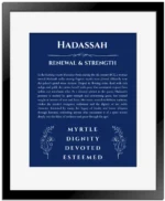 Hadassah name meaning gift print in deep blue with black matte frame