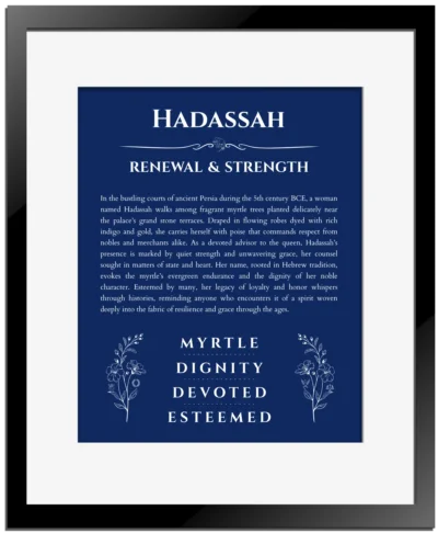 Hadassah name meaning gift print in deep blue with black matte frame