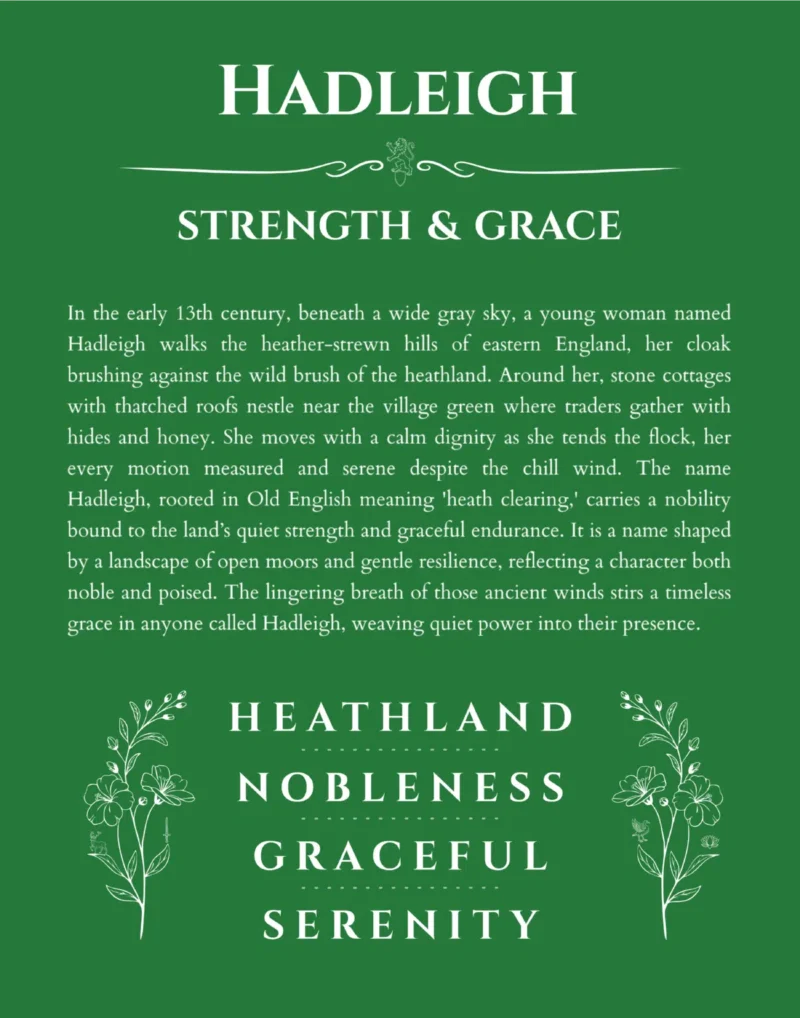 Hadleigh personalized name print with origin and traits in dark green