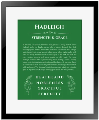 Hadleigh personalized name print with origin and traits in dark green with black matte frame