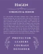 Hagen custom name art showing meaning and origin in purple