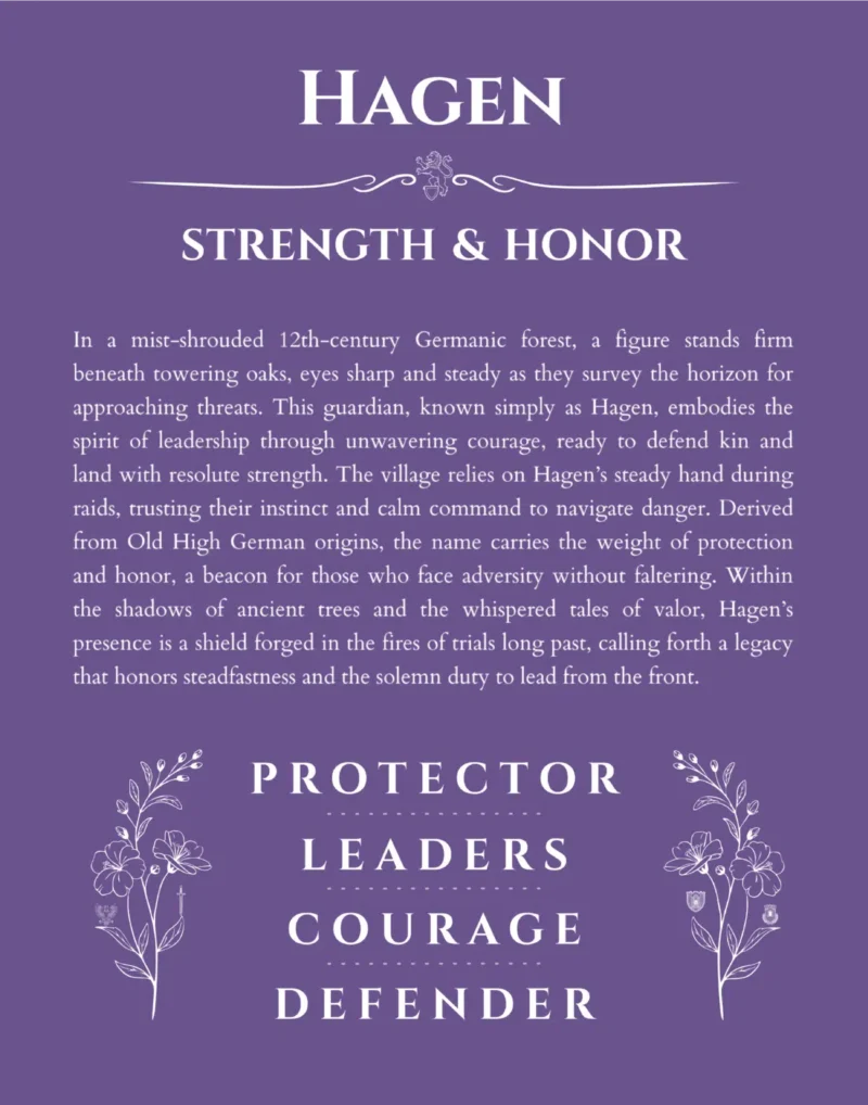 Hagen custom name art showing meaning and origin in purple