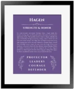 Hagen custom name art showing meaning and origin in purple with black matte frame