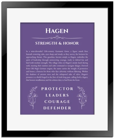 Hagen custom name art showing meaning and origin in purple with black matte frame