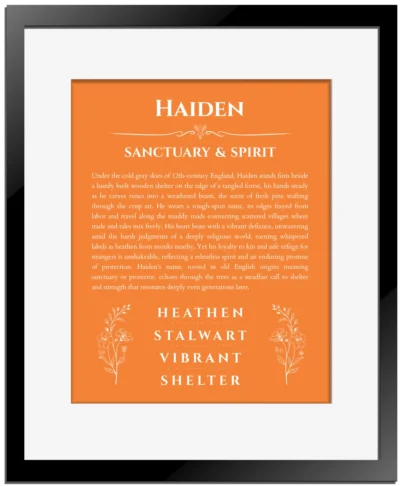 Haiden personalized name print with origin and traits in orange with black matte frame