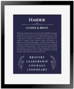 Haider personalized name meaning print in navy blue with black matte frame
