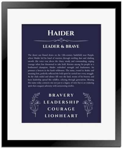 Haider personalized name meaning print in navy blue with black matte frame