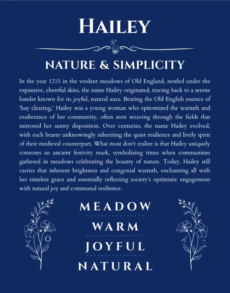 Hailey name origin print with meaning and traits in deep blue