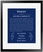 Hailey name origin print with meaning and traits in deep blue with black matte frame