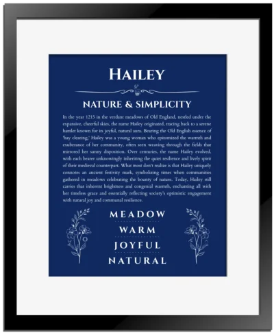 Hailey name origin print with meaning and traits in deep blue with black matte frame