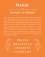 Hailie personalized name art with origin story in orange