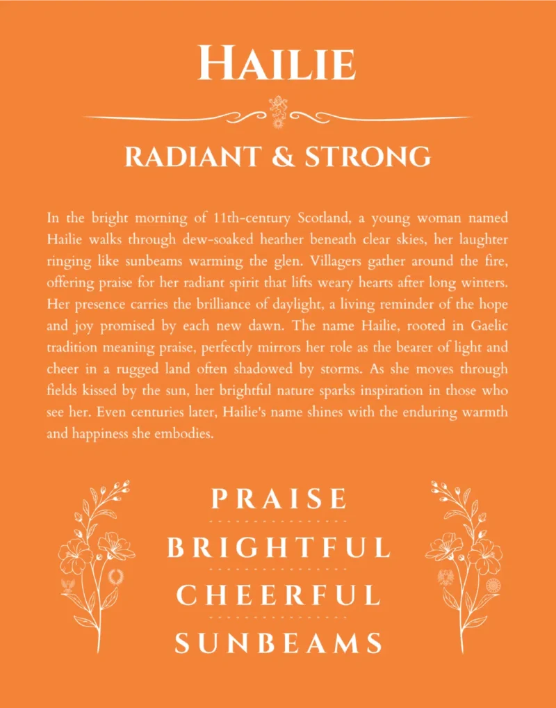 Hailie personalized name art with origin story in orange