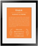 Hailie personalized name art with origin story in orange with black matte frame