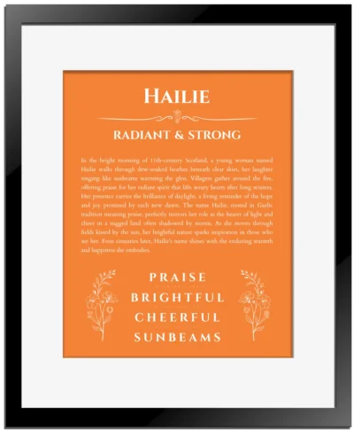Hailie personalized name art with origin story in orange with black matte frame