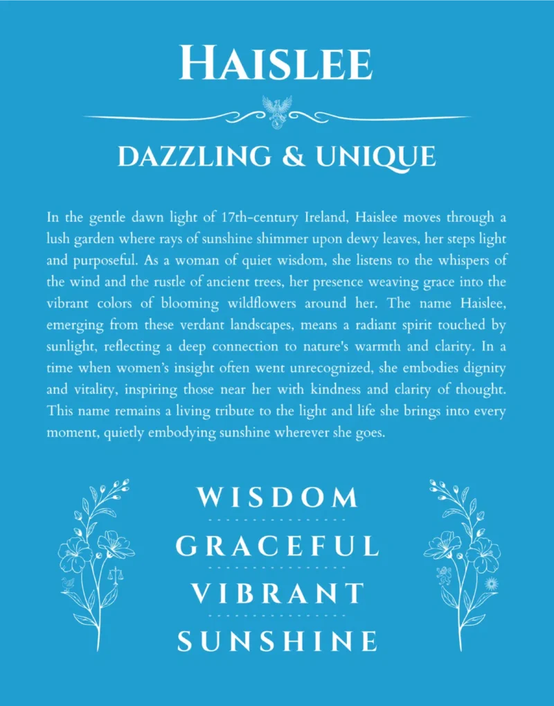 Haislee name origin print with meaning and traits in blue