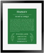Haisley personalized name meaning print in dark green with black matte frame