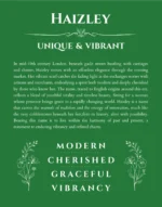 Haizley personalized name print with origin and traits in dark green