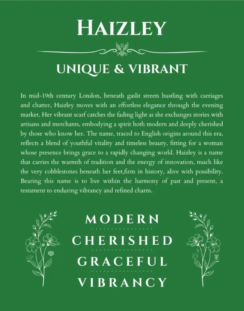 Haizley personalized name print with origin and traits in dark green