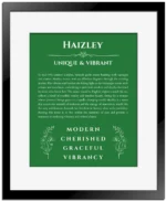 Haizley personalized name print with origin and traits in dark green with black matte frame