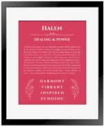 Halen custom name art showing meaning and origin in red with black matte frame