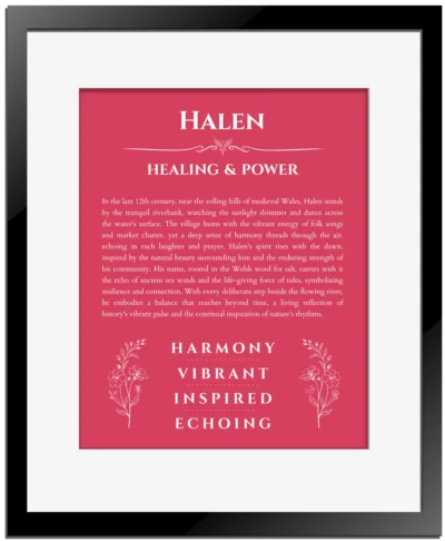 Halen custom name art showing meaning and origin in red with black matte frame