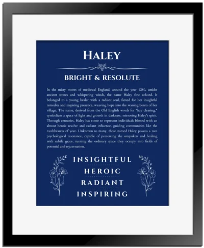 Haley custom name print for wall display in deep blue with black matte frame
