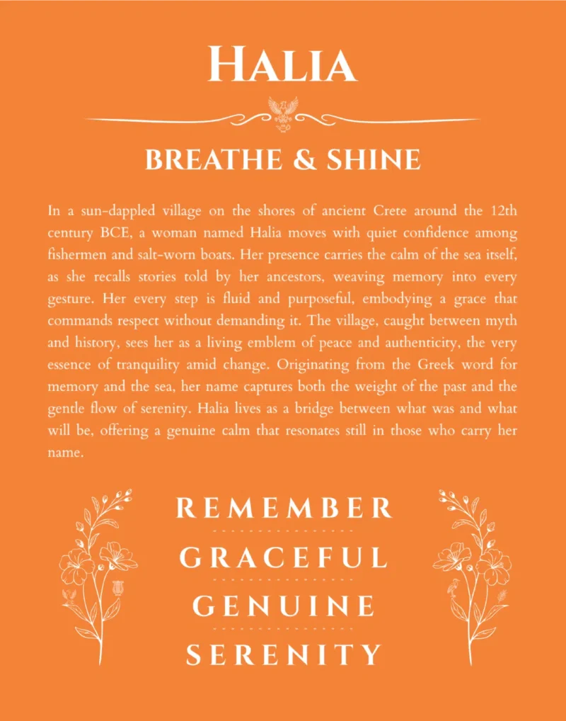 Halia name origin print with meaning and traits in orange