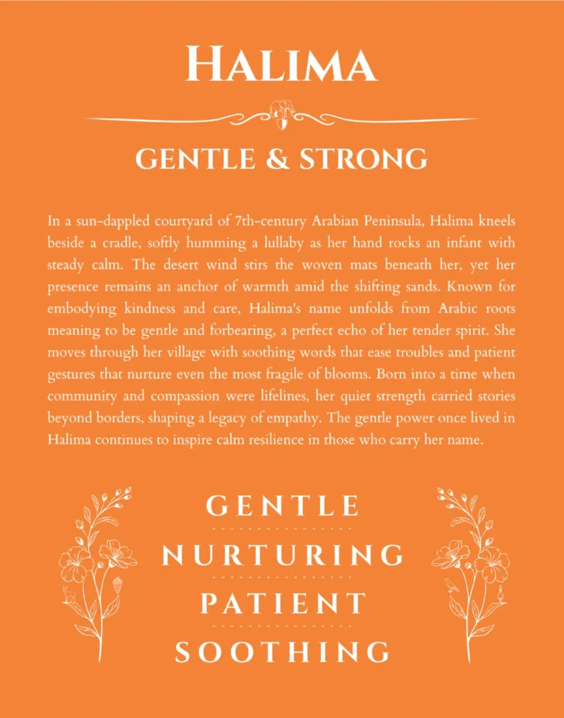 Halima personalized name art with origin story in orange
