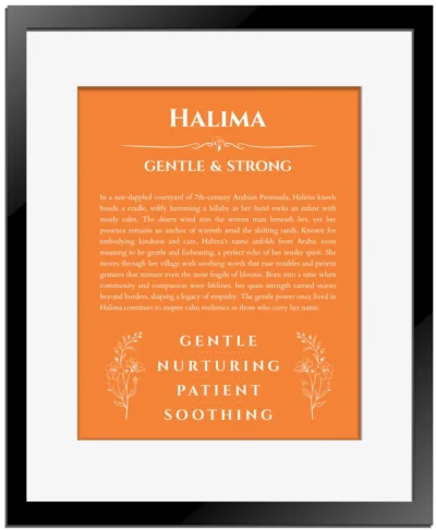 Halima personalized name art with origin story in orange with black matte frame