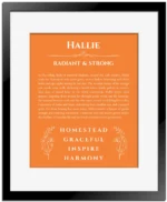 Hallie custom name print for wall display in orange with black matte frame