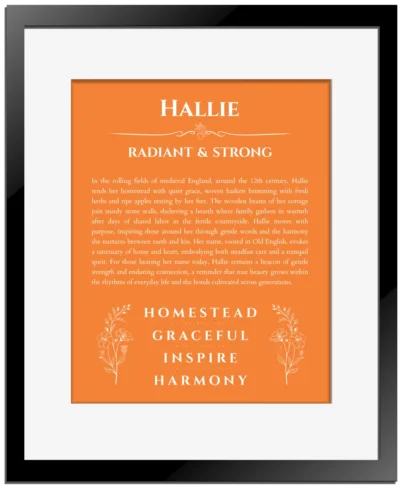 Hallie custom name print for wall display in orange with black matte frame
