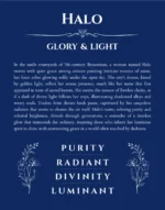 Halo name origin print with meaning and traits in deep blue