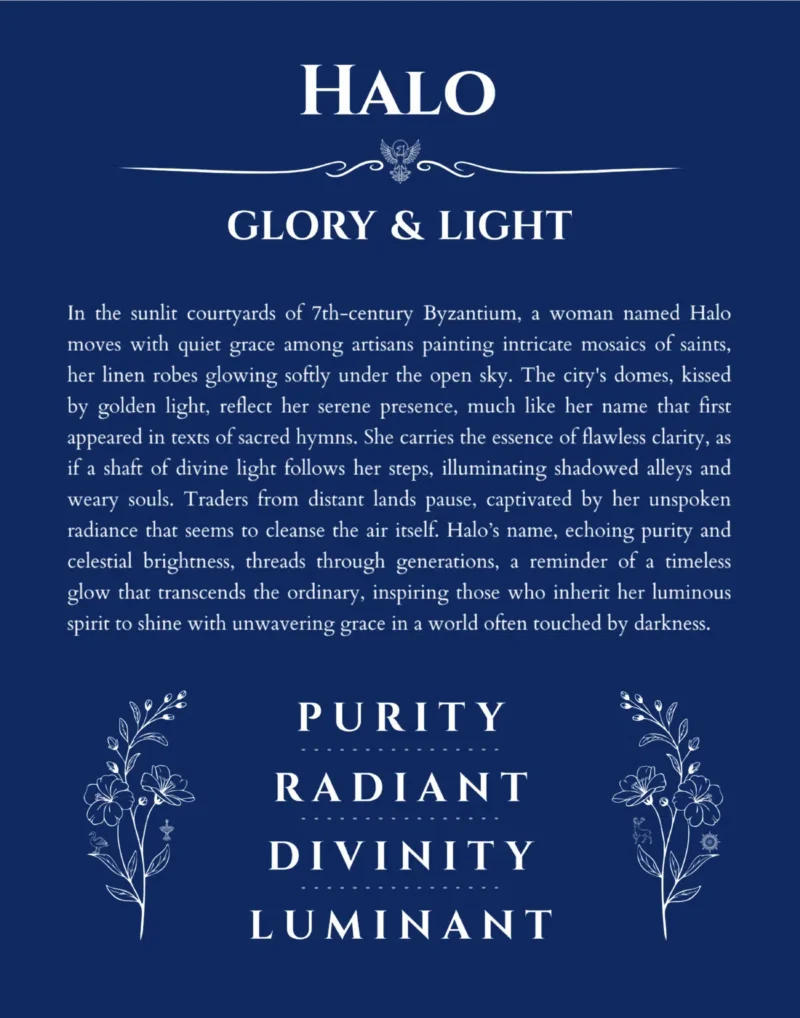 Halo name origin print with meaning and traits in deep blue