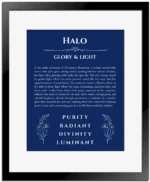 Halo name origin print with meaning and traits in deep blue with black matte frame