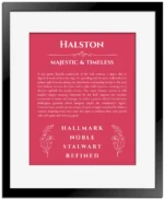 Halston personalized name art with origin story in red with black matte frame