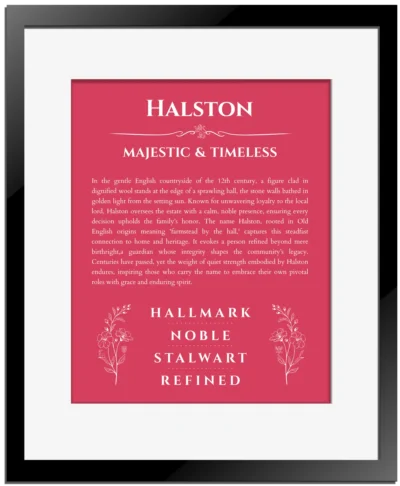 Halston personalized name art with origin story in red with black matte frame