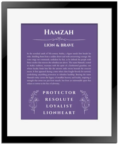 Hamzah custom name art showing meaning and origin in purple with black matte frame