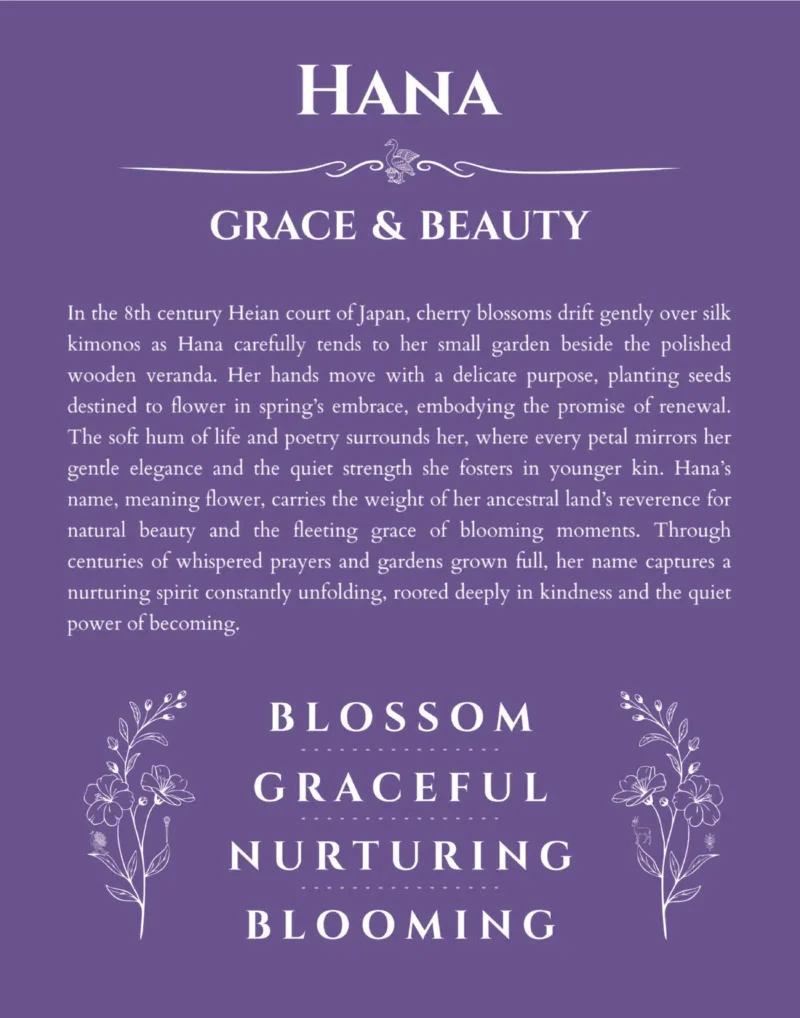 Hana personalized name print with origin and traits in purple
