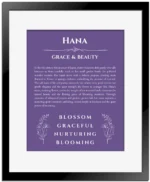 Hana personalized name print with origin and traits in purple with black matte frame
