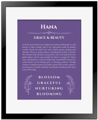 Hana personalized name print with origin and traits in purple with black matte frame